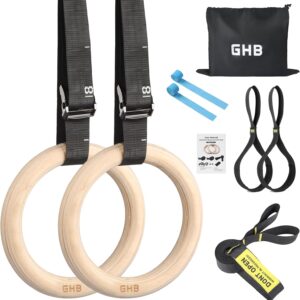 GHB Gymnastic Rings Wooden Gym Rings 1.25" Olympic Rings Adjustable Straps Pull Up Rings